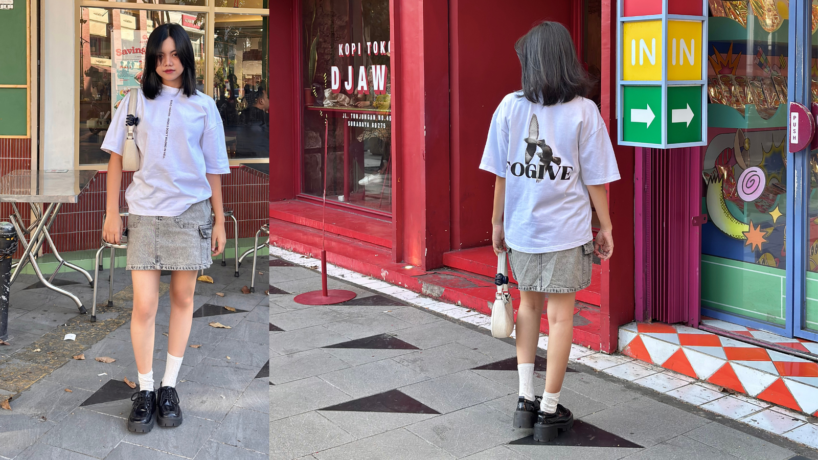 model wanita menggunakan kaos oversize bahan 16s