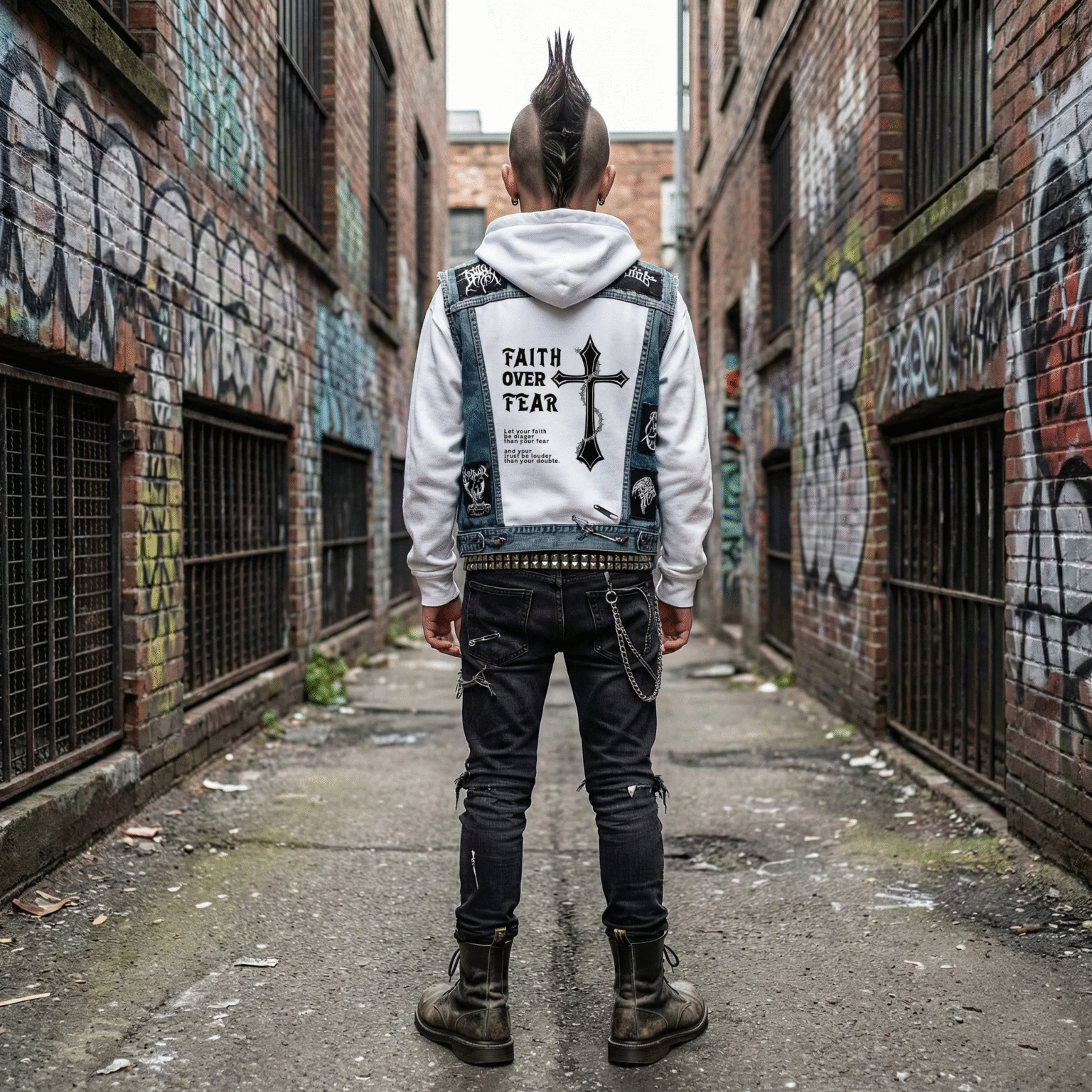 anak punk pakai hoodie fogive hadap belakng